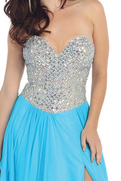 Turquoise strapless stoned dress.