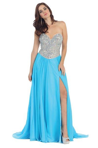 Turquoise strapless stoned dress.