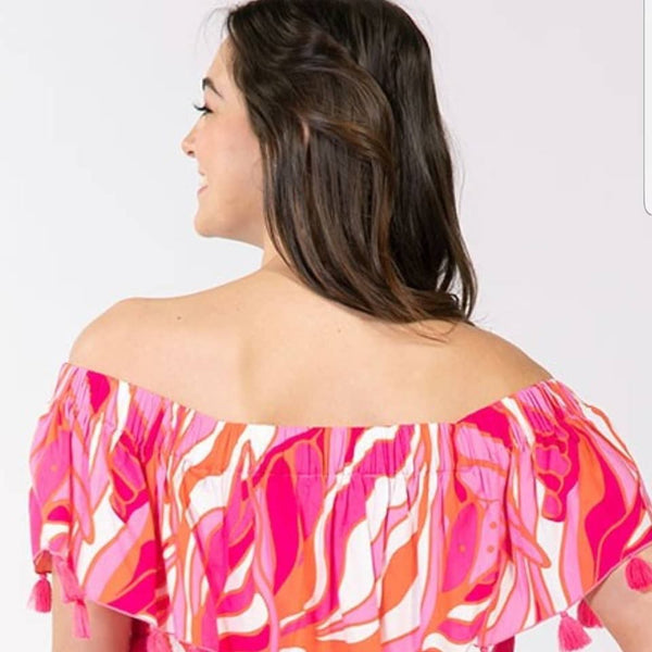 OFF SHOULDER W/TASSELS BRIGHT COLORS TOP