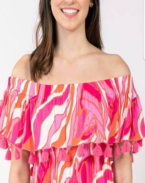 OFF SHOULDER W/TASSELS BRIGHT COLORS TOP