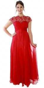 Drapped and embroidered neckline elegant long dress.