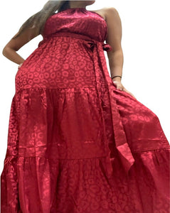 Burgundy high neckline satin maxi dress