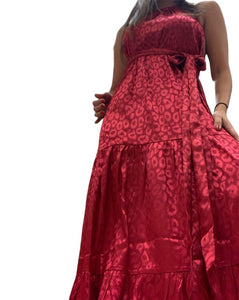 Burgundy high neckline satin maxi dress