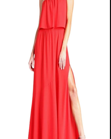 Red strapless side slit maxi dress