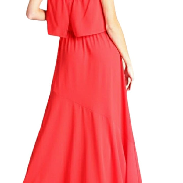 Red strapless side slit maxi dress