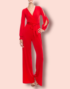 Red wrap around jumpsuit.