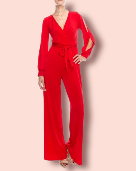 Red wrap around jumpsuit.