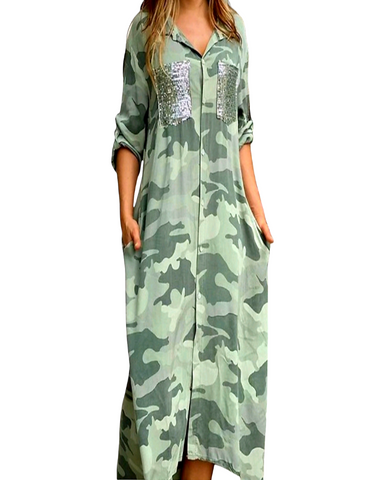 CAMOUFLAGE PRINT SEQUINS POCKET MAXI DRESS