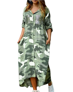 CAMOUFLAGE PRINT SEQUINS POCKET MAXI DRESS