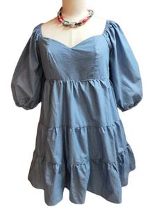 Denim, puff sleeves, tiered short dress