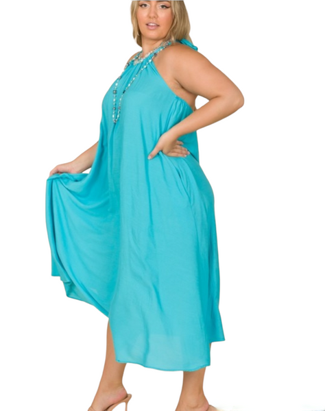 Turquoise, sleeveless, line A, halter maxi dress