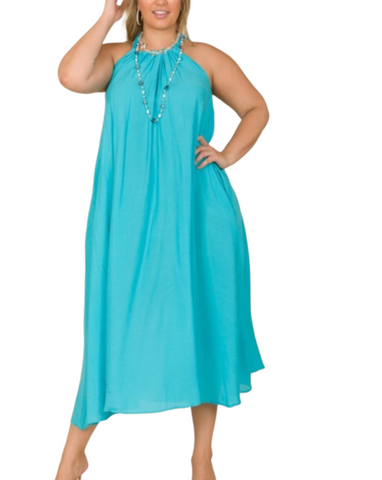 Turquoise, sleeveless, line A, halter maxi dress