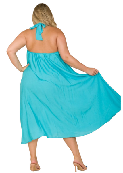 Turquoise, sleeveless, line A, halter maxi dress