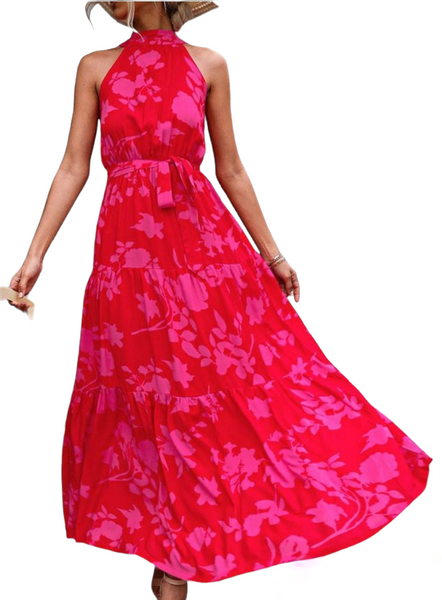 Pink floral pattern halter maxi dress