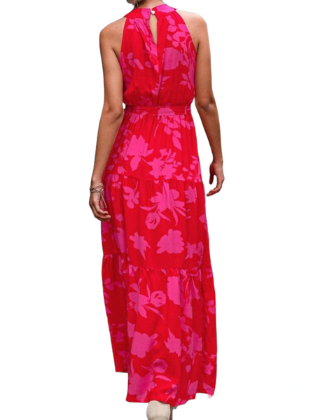 Pink floral pattern halter maxi dress