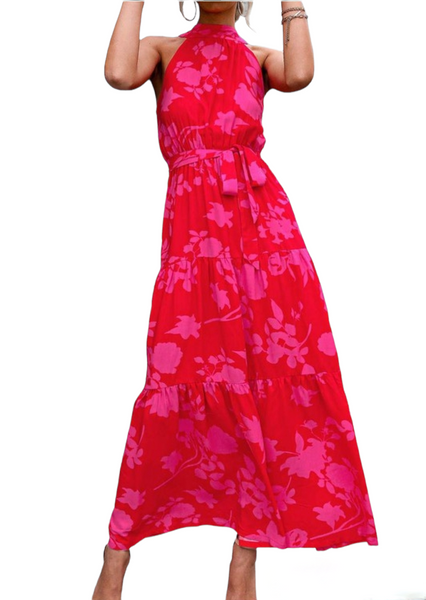 Pink floral pattern halter maxi dress