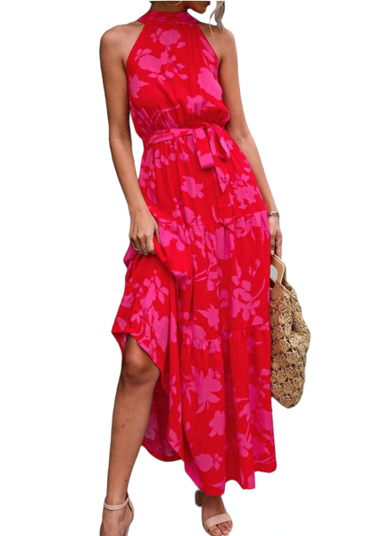 Pink floral pattern halter maxi dress