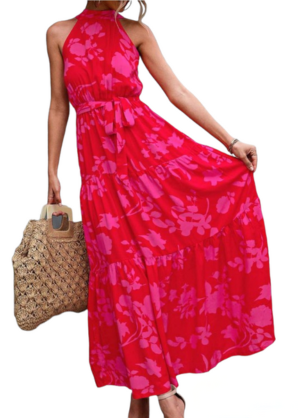 Pink floral pattern halter maxi dress