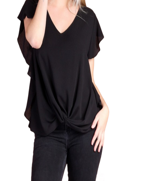 Black V-neck, ruffle slv twisted front top. Plus size