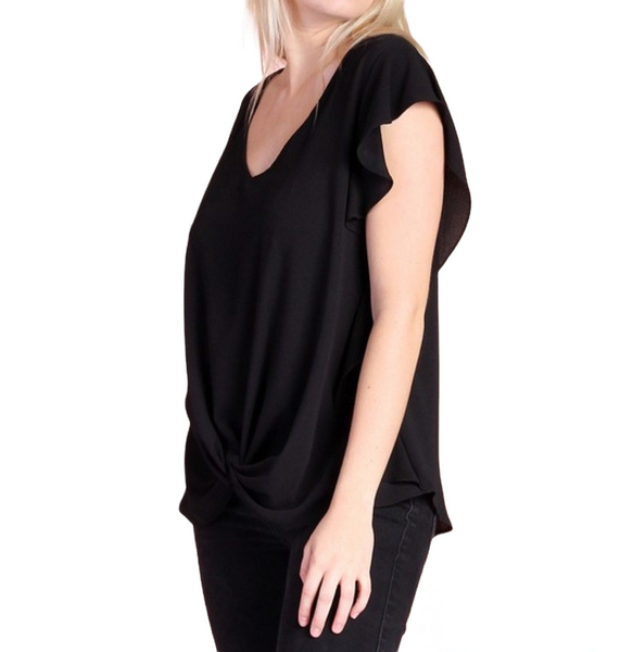 Black V-neck, ruffle slv twisted front top. Plus size