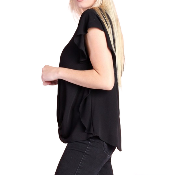 Black V-neck, ruffle slv twisted front top. Plus size