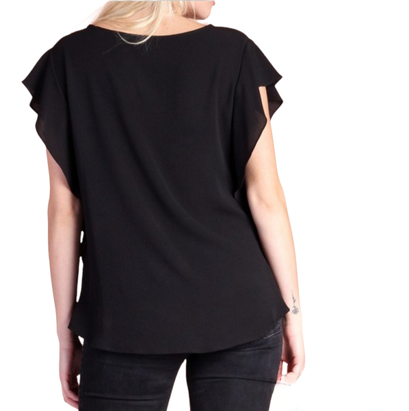 Black V-neck, ruffle slv twisted front top. Plus size