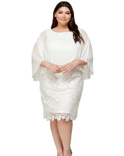 Ivory guipure and chiffon short dress. Plus size.