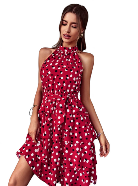 Red mock neck short dress, Polka dot fabric