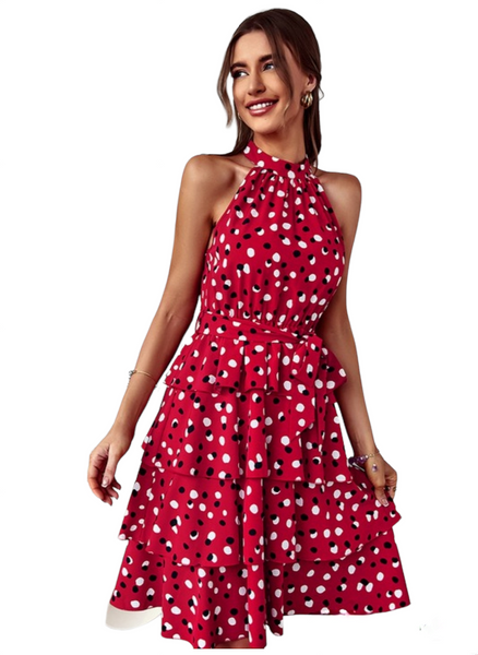 Red mock neck short dress, Polka dot fabric