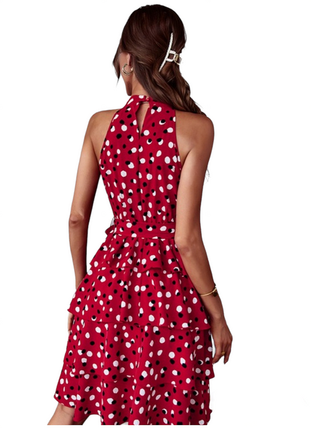 Red mock neck short dress, Polka dot fabric