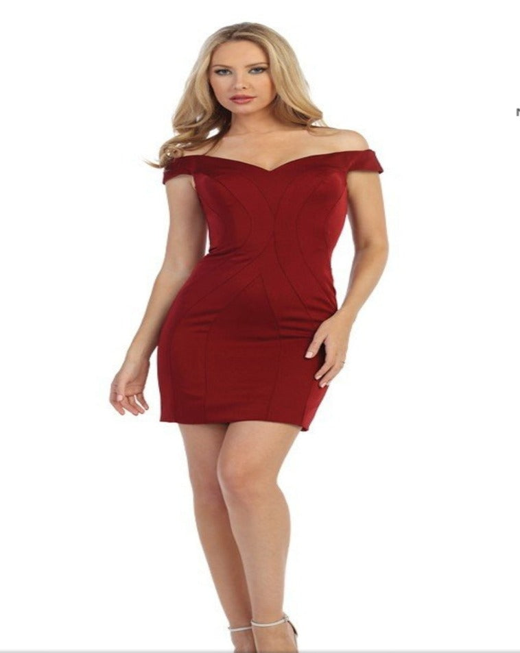 Off the shoulder cocktail dress.