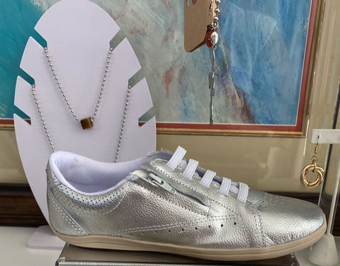 Silver sneakers.