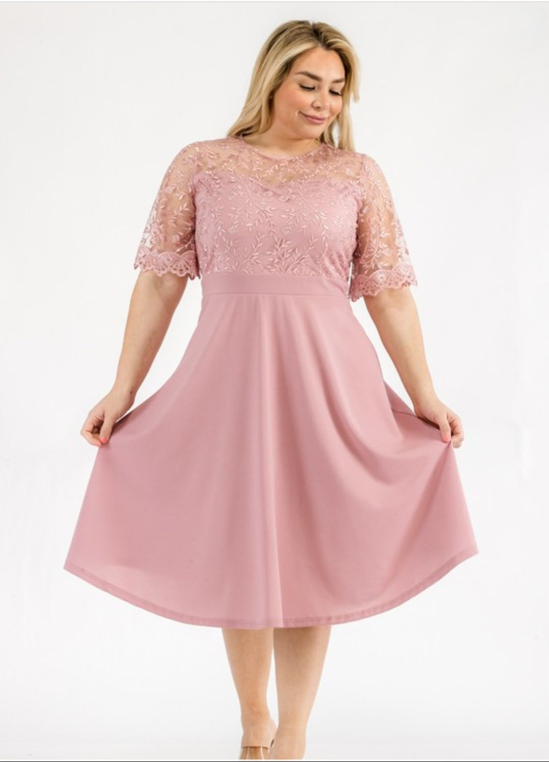 Blush floral embroiderd lace midi dress. Plus dress