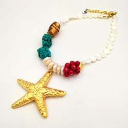 Maldita Rita pearls necklace with a sea star pendant,turquoise, and coral.