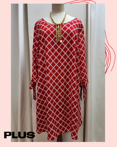 Geo pattern red and white loose fit dress. Plus size